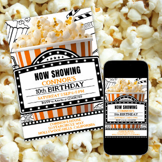 Einladung zur Orangen-Popcorn-Kinoabend-Party