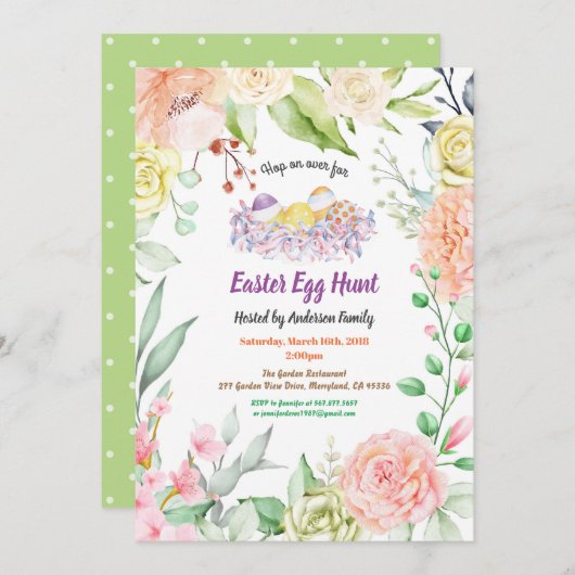 Einladung zur Ostereijagd.Blume in Wasserfarbe (Vorne/Hinten)