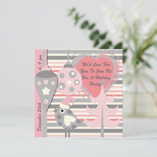 Einladung zur Party in Rosa und Grau-Bird-of-Strip (Stehend Vorderseite)