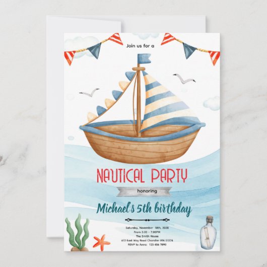 Einladung zur Party mit nautischem Bootsthema (Vorderseite)