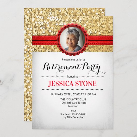 Einladung zur Pensionierung mit Foto - Red Gold Wh (Vorne/Hinten)