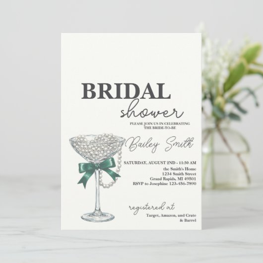 Einladung zur Perl- und Bow Bridal-Dusche (Stehend Vorderseite)
