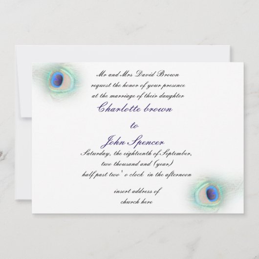 Einladung zur Pfauenhochzeit in Blau (Rückseite)