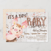 Einladung zur Pig Baby Dusche, Junge, Bauernhof (Vorne/Hinten)