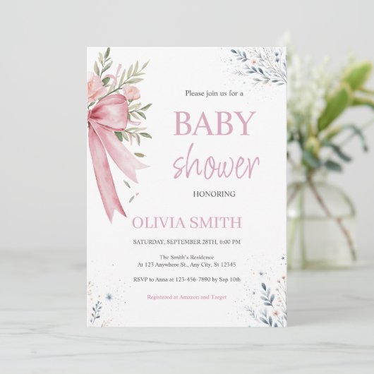 Einladung zur Pink Bow Baby Dusche (Stehend Vorderseite)