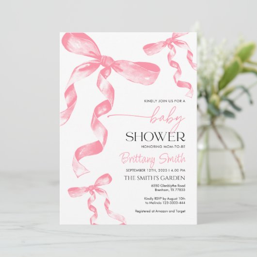 Einladung zur Pink Bow Baby Dusche (Stehend Vorderseite)
