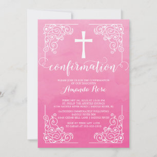 Einladung zur Pink-Wasserfarben-Kreuz-Konfirmation