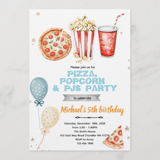 Einladung zur Pizza-Popcorn-und-Pyjama-Party (Vorderseite)