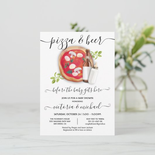Einladung zur Pizza- und Beer-Baby-Dusche (Stehend Vorderseite)