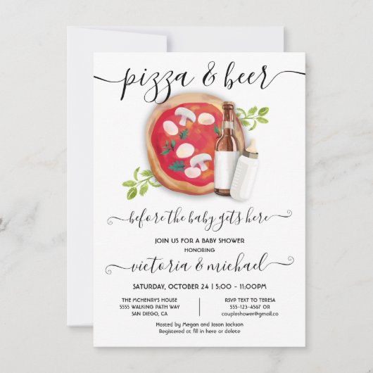 Einladung zur Pizza- und Beer-Baby-Dusche (Vorderseite)
