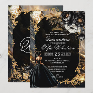Einladung zur Quinceañera in Schwarz und Gold
