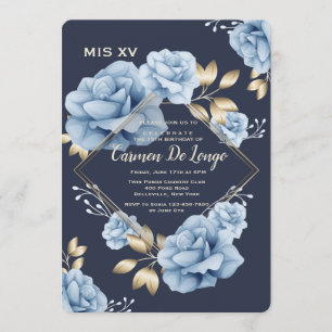 Einladung zur Quinceañera mit blauen Rosen