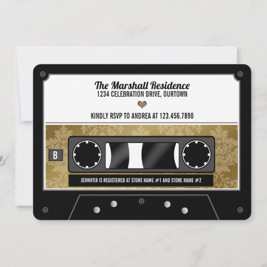 Einladung zur Retro Cassette Tape Bridal Dusche (Rückseite)