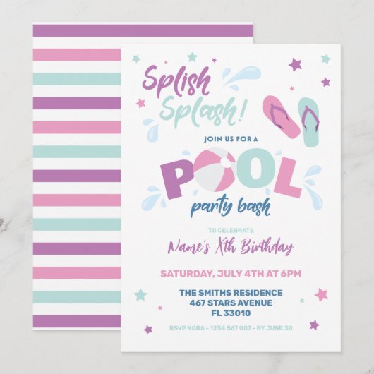 Einladung zur rosa Poolparty (Vorne/Hinten)