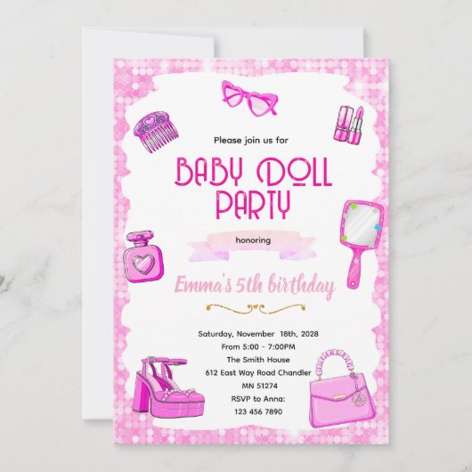 Einladung zur rosa Puppenparty (Vorderseite)