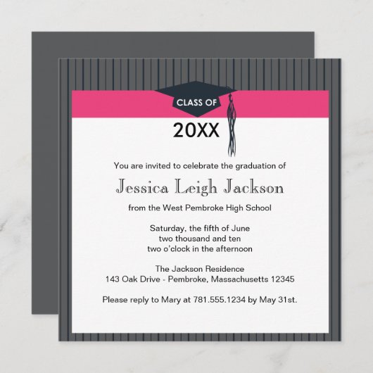 Einladung zur schwarz-rosa Graduierungskappe (Vorne/Hinten)