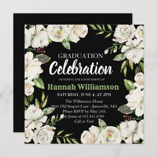 Einladung zur Schwarz-Weiß-Blumen-Graduation (Vorne/Hinten)