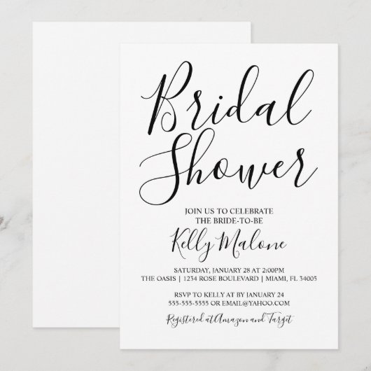 Einladung zur Schwarz-Weiß-Script-Bridal-Dusche (Vorne/Hinten)