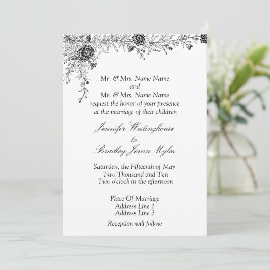 Einladung zur Schwarz-weißen Blumenhochzeit (Stehend Vorderseite)