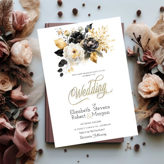 Einladung zur Schwarz-weißen Hochzeit von Gold
