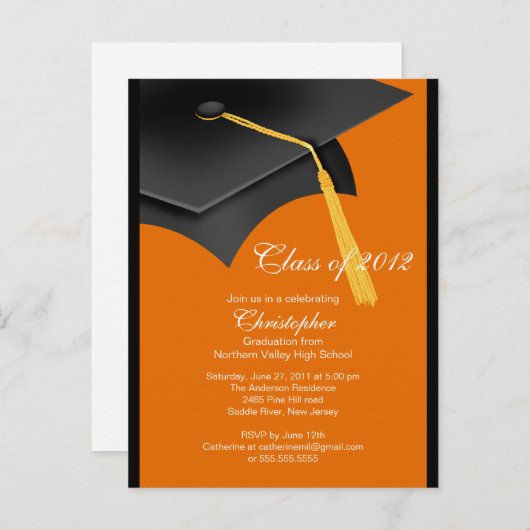 Einladung zur Schwarzen Orange Grad Cap Graduation (Vorne/Hinten)