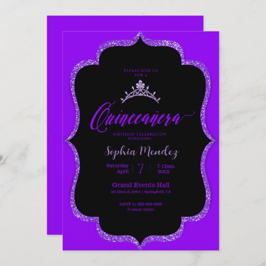 Einladung zur Schwarzen und lila Quinceanera (Vorne/Hinten)