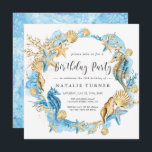 Einladung zur Sea Blue Gold Geburtstagspartei<br><div class="desc">Personalisieren Sie diese Unter-the-Sea Blue und Gold Geburtstagsparty Einladung mit Seepferden,  Sternfischen,  Muscheln und Korallenriffen. Für eine erweiterte Anpassung dieses Designs,  klicken Sie bitte auf die Schaltfläche "Anpassen" oben! Matching-Elemente sind ebenfalls verfügbar.</div>