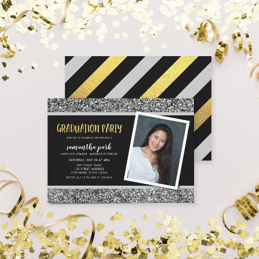 Einladung zur Silver Glitzer Foto Graduation Party