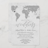 Einladung zur Silver World Map-Hochzeit in Urlaubs (Vorne/Hinten)