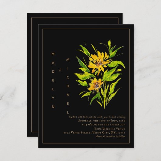 Einladung zur Sonnenblume Black-Gold-Script-Hochze (Vorne/Hinten)