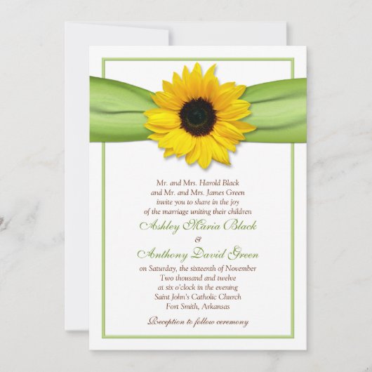 Einladung zur Sonnenblume Green Ribbon Hochzeit (Vorderseite)