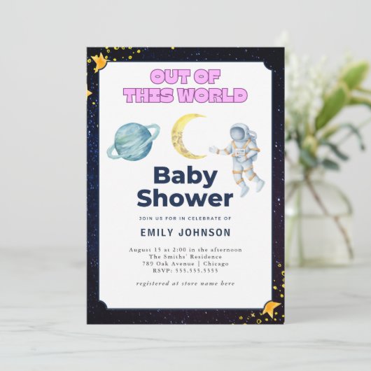 Einladung zur Space Baby Dusche (Stehend Vorderseite)