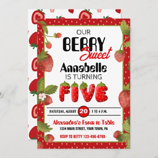 Einladung zur Strawberry Five Birthday Party (Vorne/Hinten)