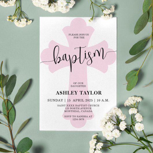 Einladung zur Taufe des hellrosa Kreuzes