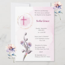 Einladung zur Taufe des Weißen Rosa Kreuz & Blumen