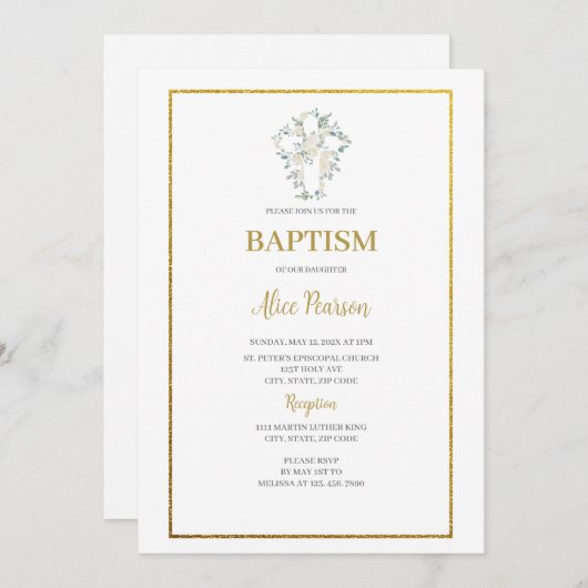 Einladung zur Taufe mit weißer Rose (Vorne/Hinten)