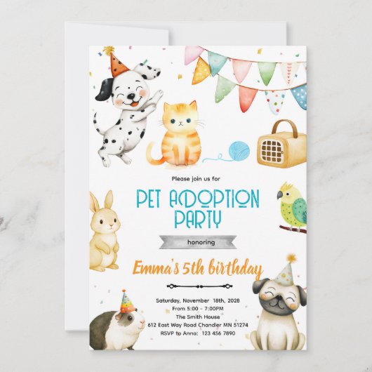 Einladung zur Tieradoptionsparty (Vorderseite)