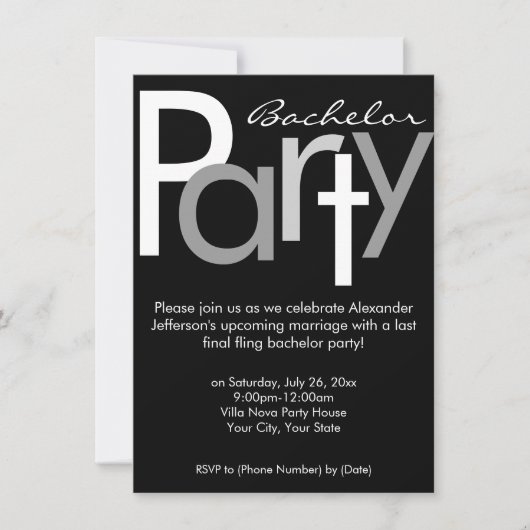 Einladung zur Typografisch-grauen Bachelor-Party (Vorderseite)