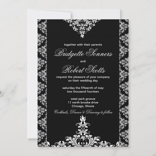 Einladung zur verzierten Black Damask Hochzeit (Vorderseite)