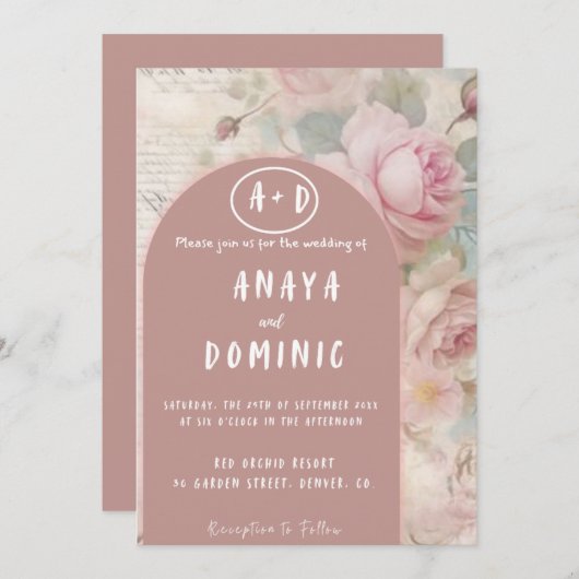 Einladung zur Vintag-rosa-Blumenhochzeit (Vorne/Hinten)
