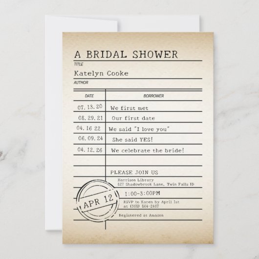 Einladung zur Vintagen Bibliothekskarte Bridal Dus (Vorderseite)