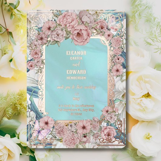 Einladung zur Vintagen Blauen Peony Wedding Foil