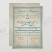 Einladung zur Vintagen Blauen und Braun Hochzeit (Vorne/Hinten)