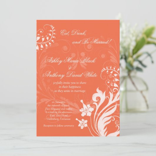 Einladung zur Vintagen blumenorangen Hochzeit (Stehend Vorderseite)