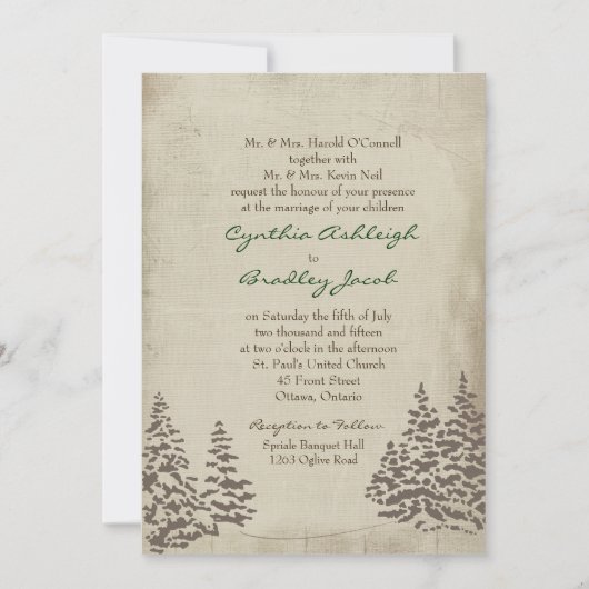 Einladung zur Vintagen Evergreen Winter Wedding (Vorderseite)