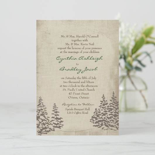 Einladung zur Vintagen Evergreen Winter Wedding (Stehend Vorderseite)
