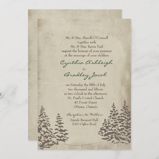 Einladung zur Vintagen Evergreen Winter Wedding (Vorne/Hinten)