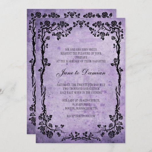Einladung zur Vintagen Lila Blumenhochzeit (Vorne/Hinten)