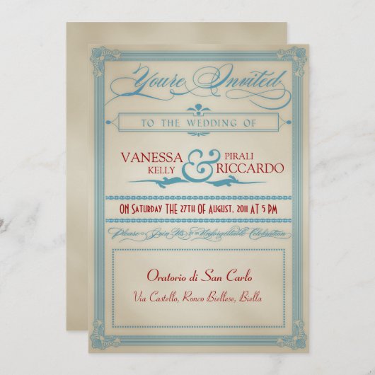 Einladung zur Vintagen Rot-Weiß-Hochzeit (Vorne/Hinten)