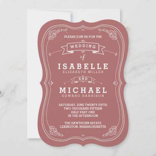 Einladung zur Vintagen Scrollhochzeit | Marsala (Vorderseite)